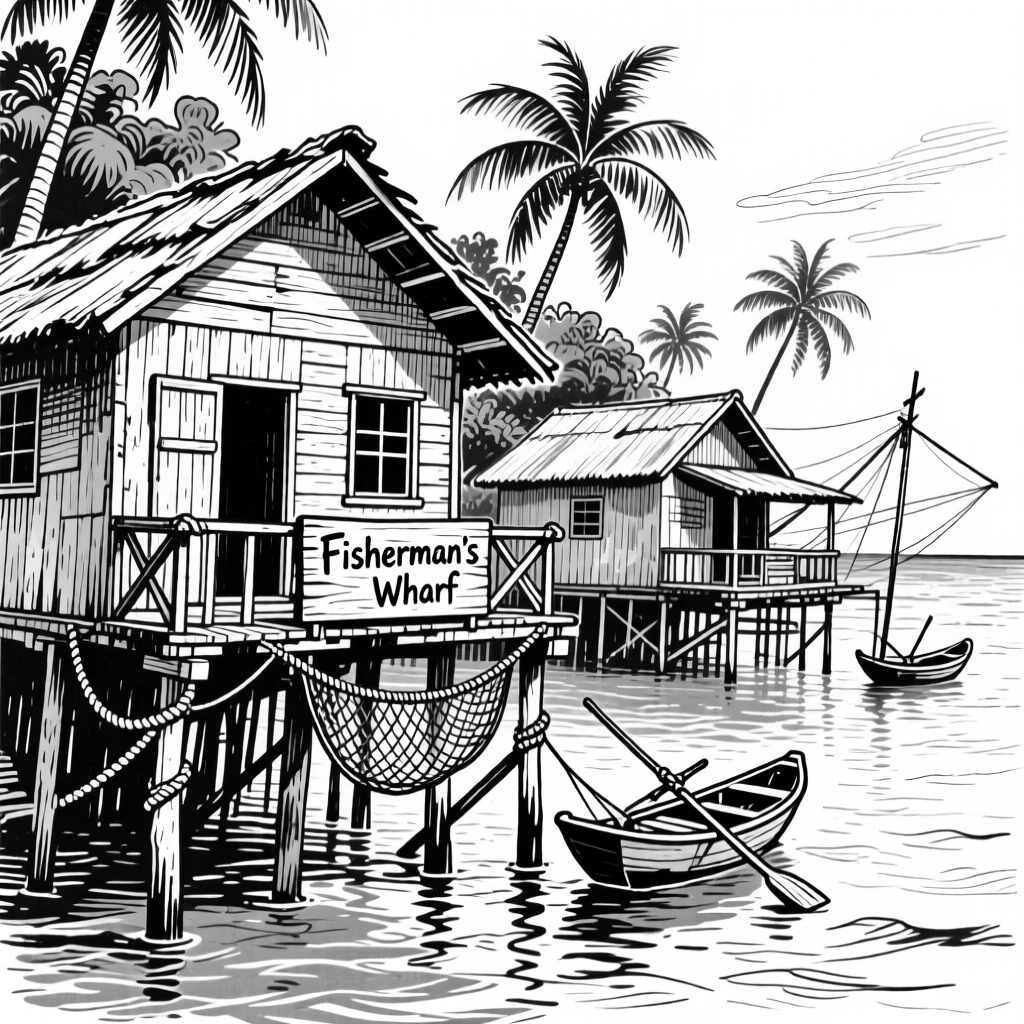The colorful stilt houses of a fishing village along a tropical coastline.