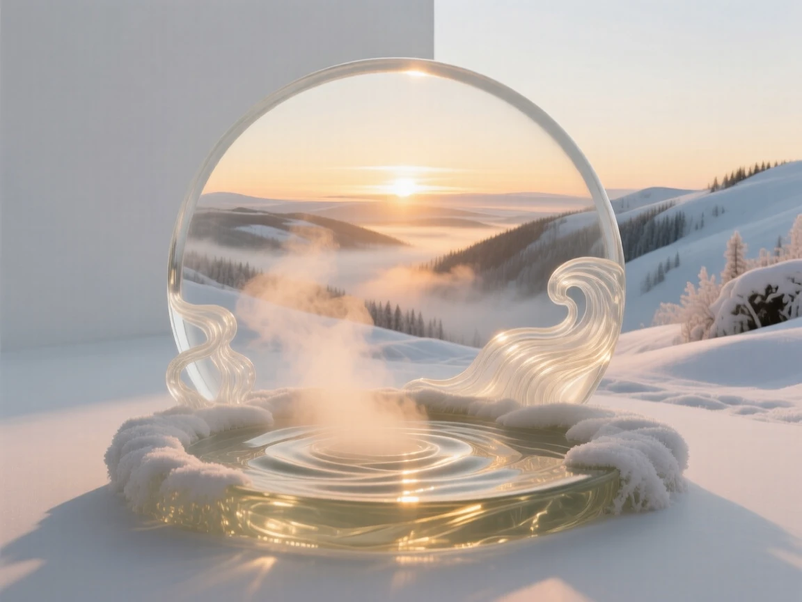 As the sun rises slowly over the distant horizon, a hot spring steaming gently in a snow-covered landscape, while mist rises slowly from the valley below