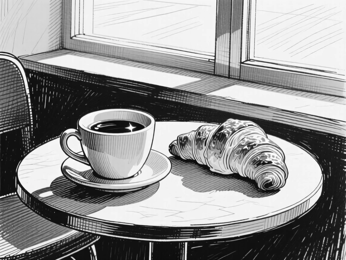 A cup of coffee beside a croissant set in a sunlit cafe window, with sunlight catching the glossy surface, presented in a wholesome and simple culinary still life.
