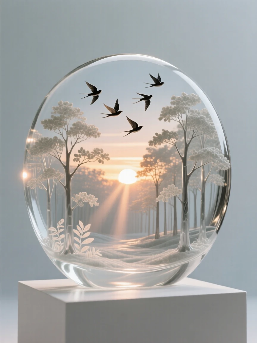 A forest clearing where sunbeams break through the trees beneath the soft glow of a setting sun, while a flock of birds crosses the open sky