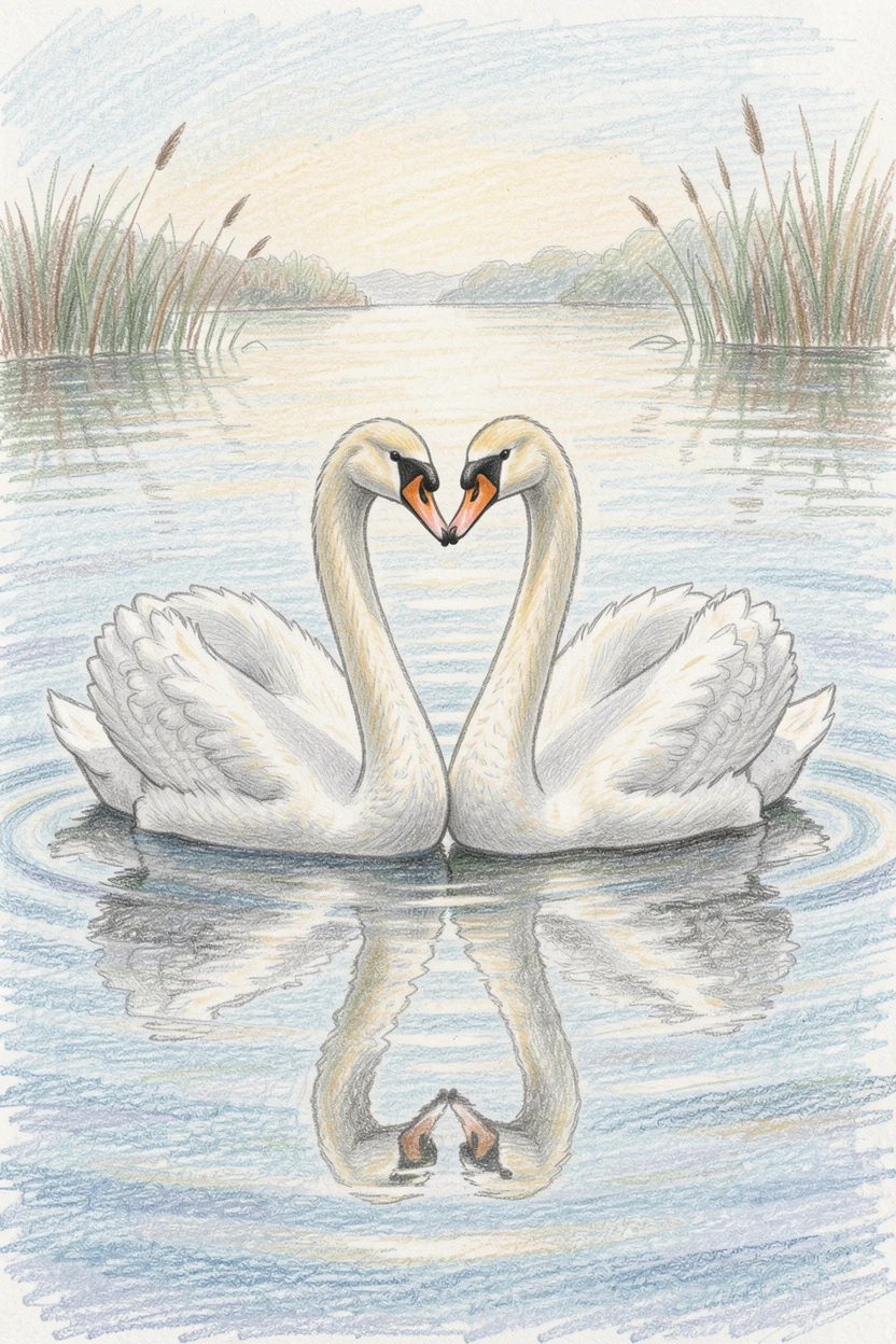 A pair of swans forming a heart shape on a still lake, framed thoughtfully to draw the eye toward the central subject, celebrating a moment people would love to revisit.