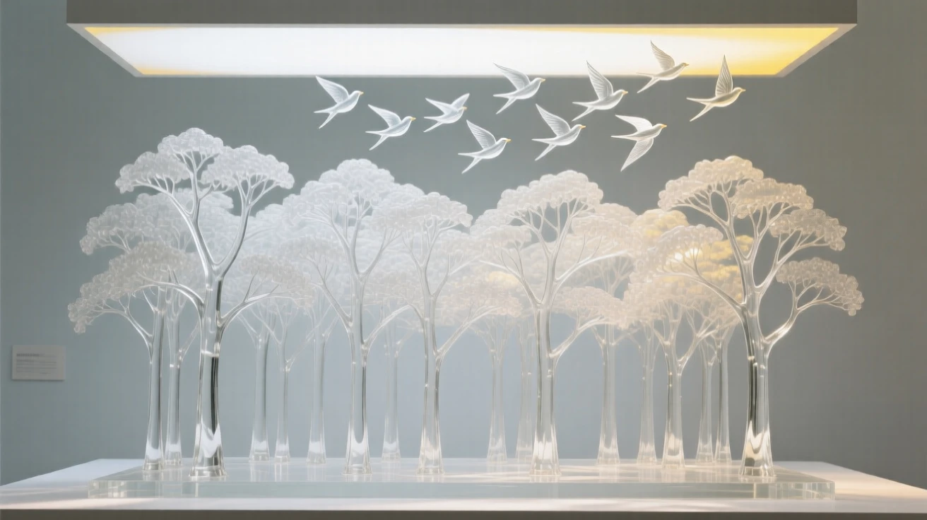 A forest of towering trees with light filtering through the canopy while a flock of birds crosses the open sky