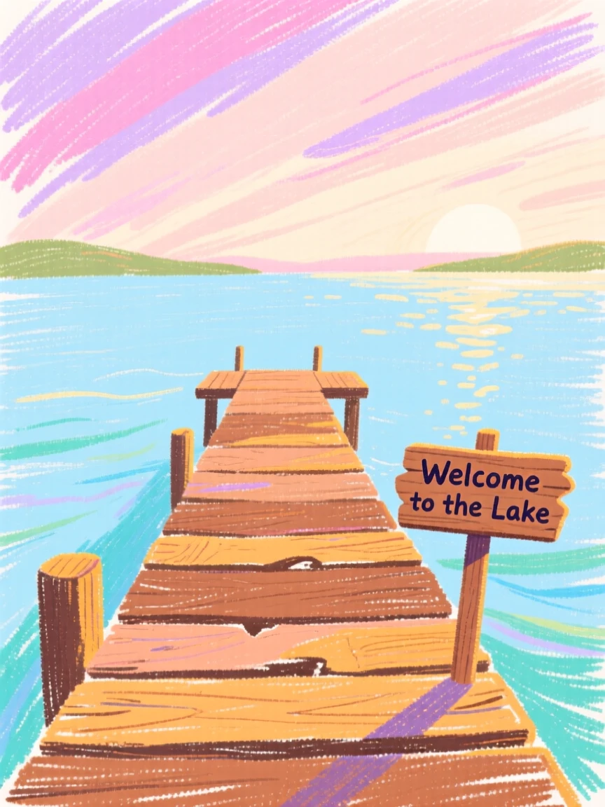 A view of a wooden pier stretching into a calm lake under a soft pastel morning sky.