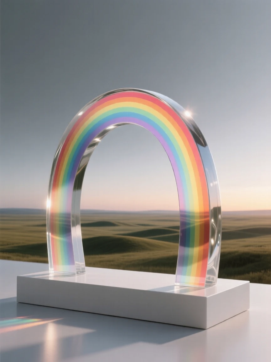A rainbow arching over a wide open plain after a storm as the first light of dawn touches the peaks above