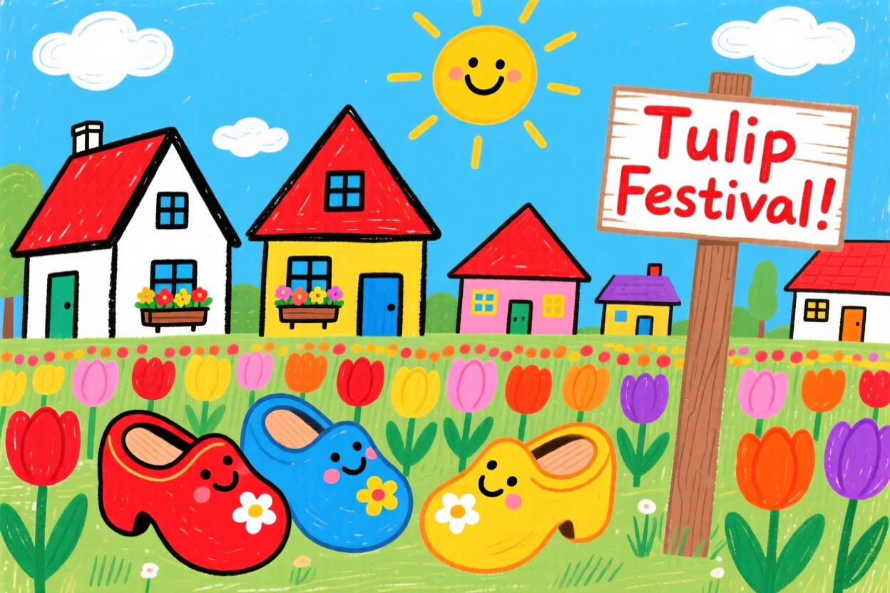 A Dutch village celebrating with wooden clogs and blooming tulip fields.