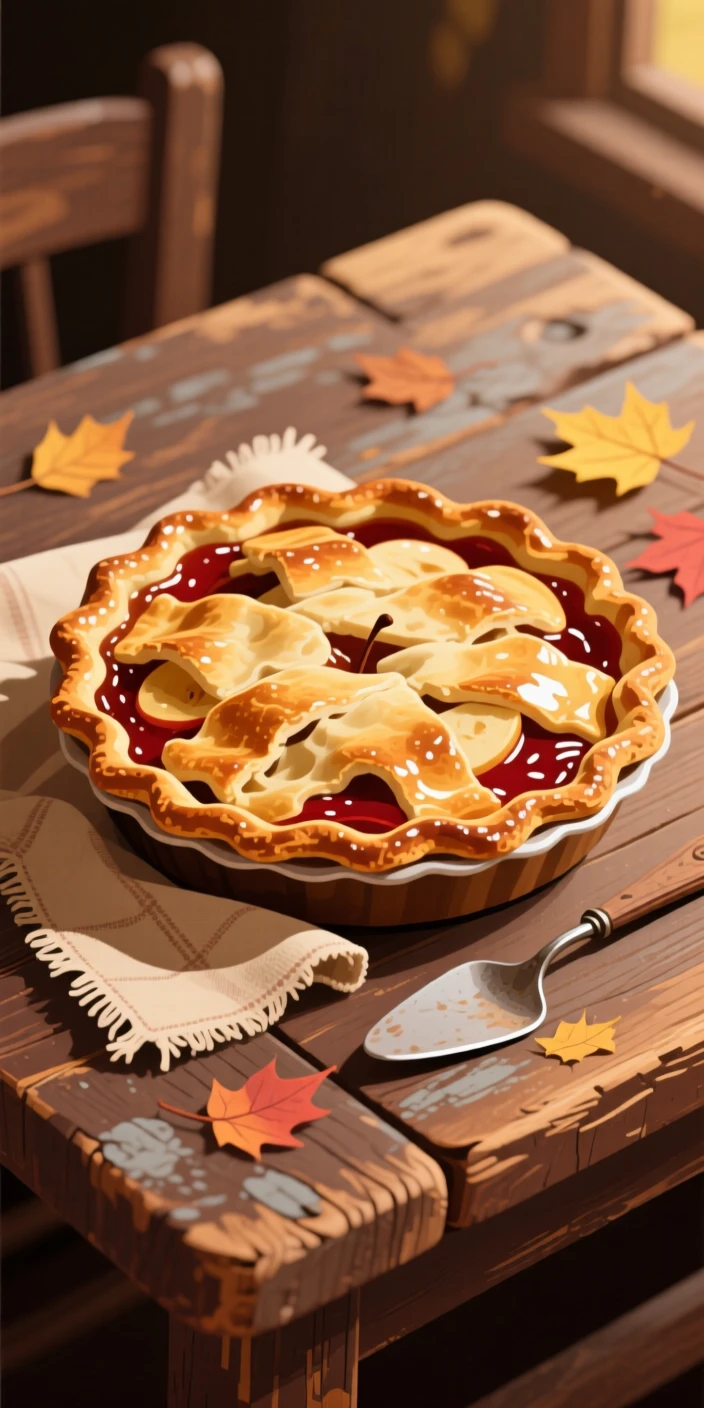 A rustic apple pie fresh from the oven with a golden crust, arranged on a rustic farmhouse table, composed with a rustic, homemade charm, with glossy highlights that make the dish look freshly made.