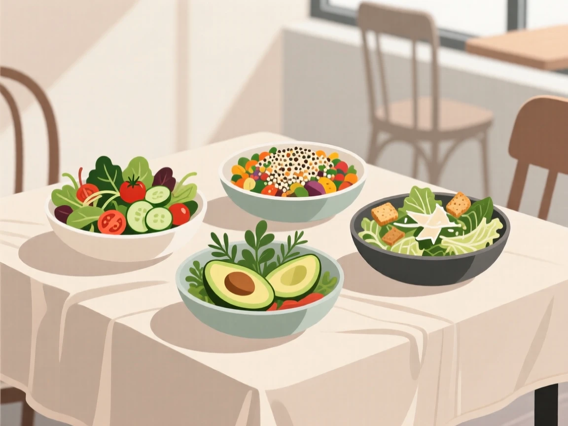 A selection of fresh salads beautifully displayed on a linen tablecloth at a cozy cafe.