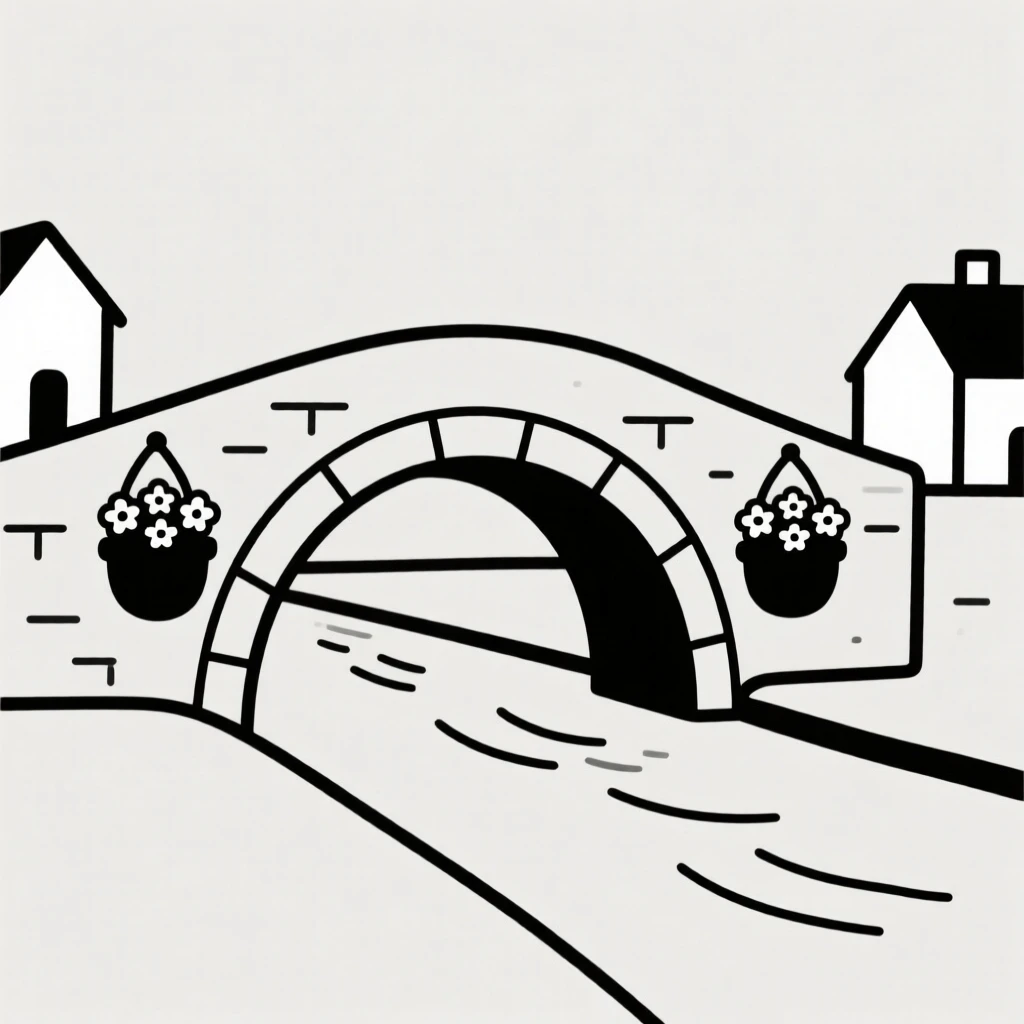 A quiet corner of a bridge arching over a river within a quiet countryside village, featuring hanging flower baskets, full of peaceful order.