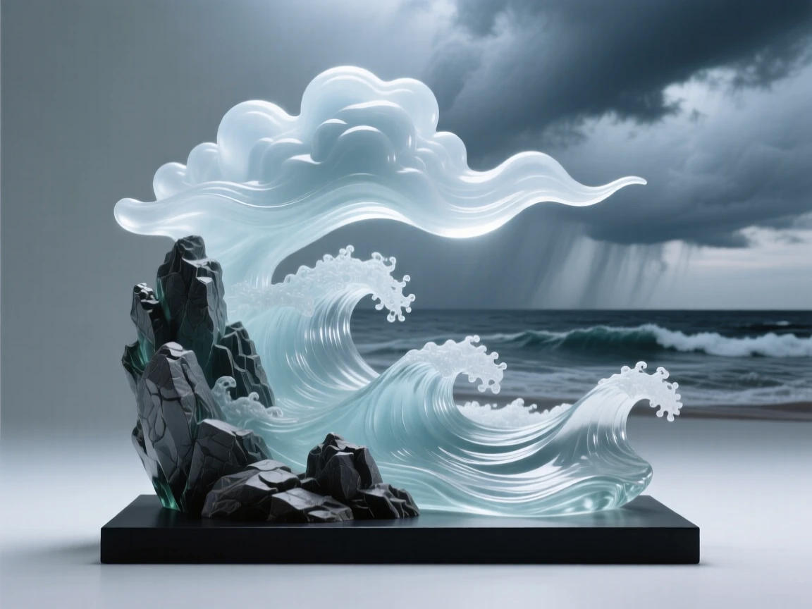 A rocky coastline battered by rolling waves beneath a sky filled with drifting storm clouds