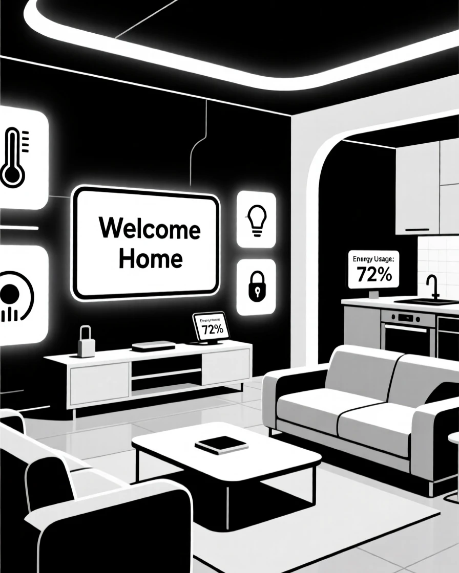 A smart home filled with glowing interactive displays.