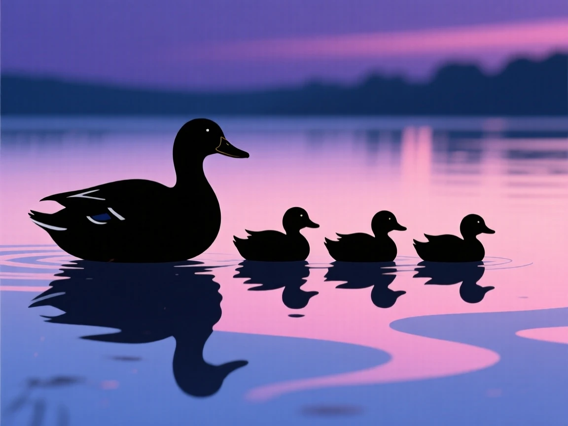 A mother duck leading a line of ducklings across a still pond.