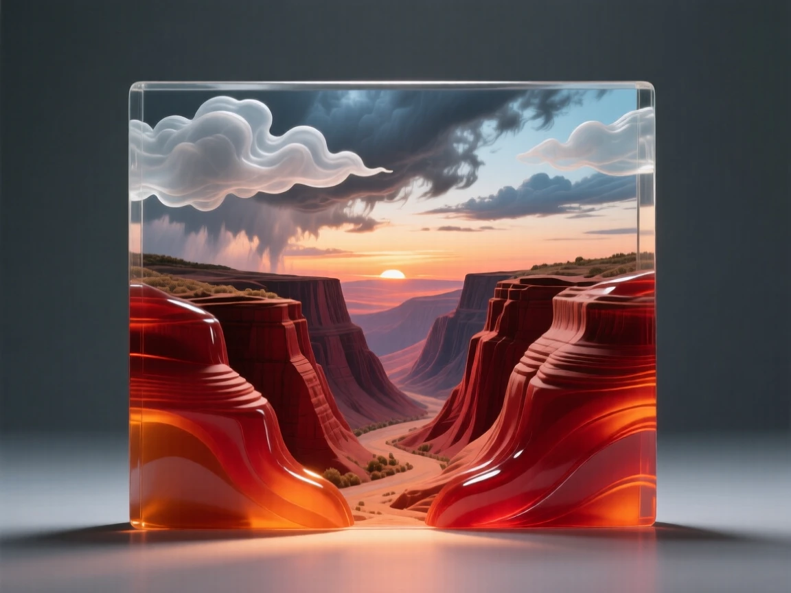 A canyon glowing red and orange in the evening light beneath a sky filled with drifting storm clouds