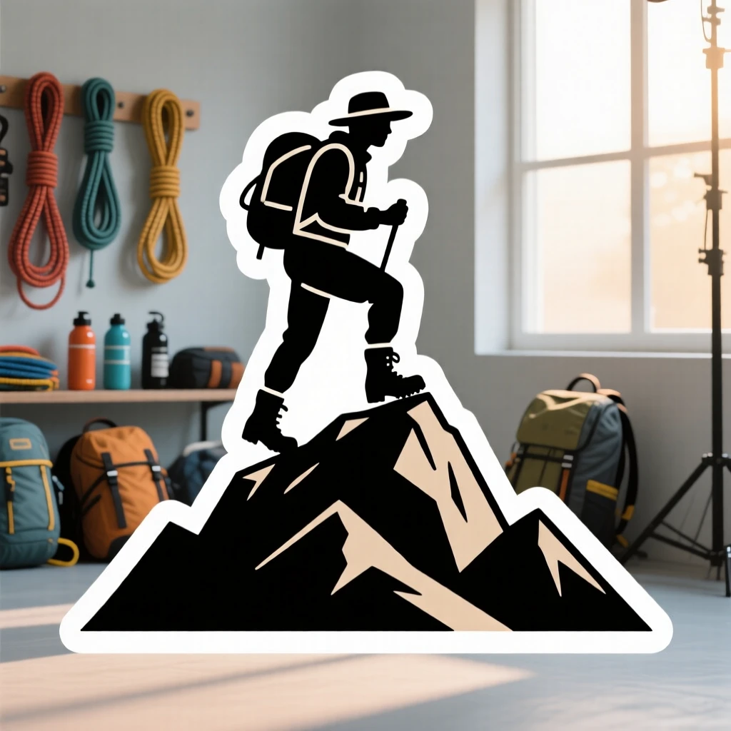A peacefully immersed hiker standing atop a mountain summit, captured mid-motion during their favorite activity, in a sunlit studio filled with supplies.