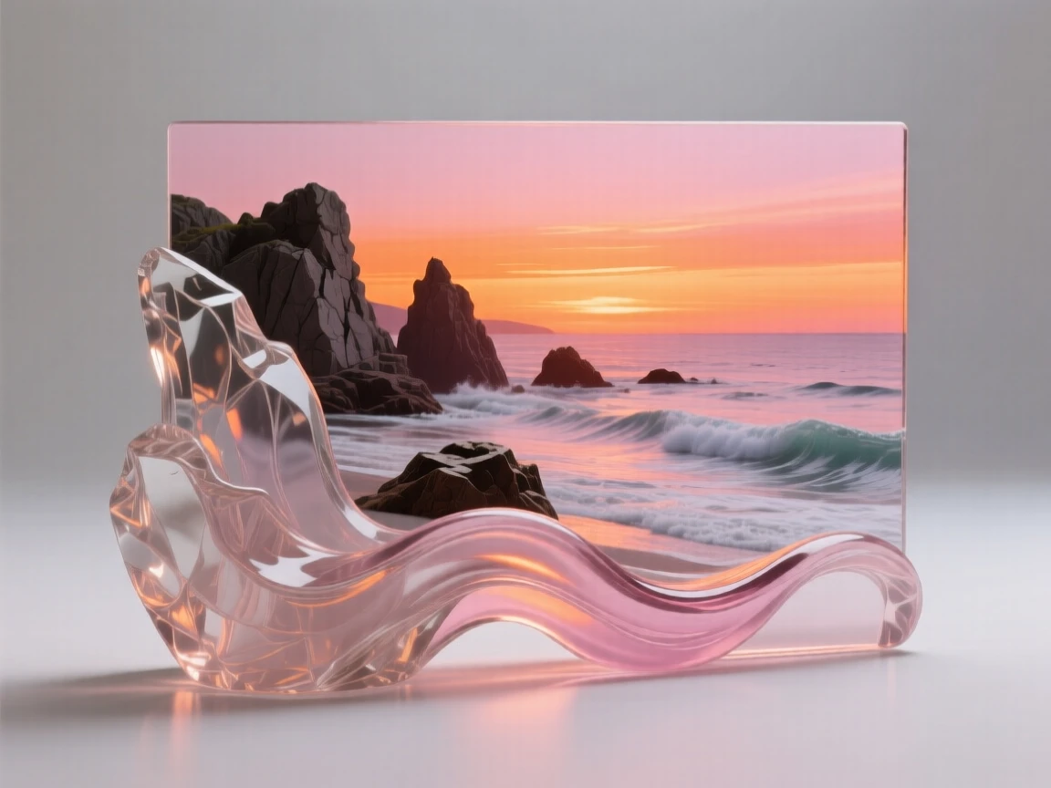 With the horizon glowing in shades of orange and pink, a rocky coastline battered by rolling waves