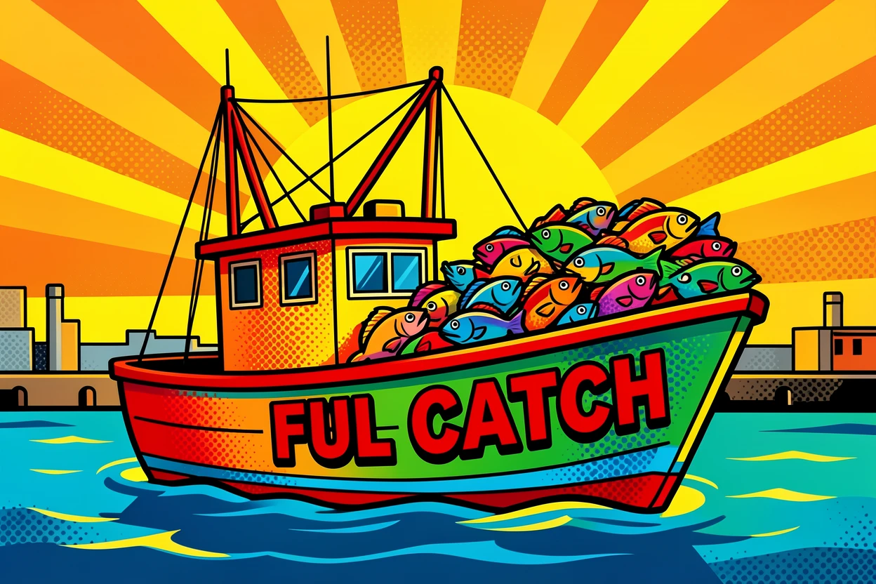 A fishing boat returning to harbor at sunrise with a full catch