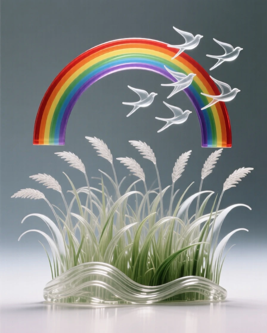 A field of tall grass rippling like waves in the wind with a distant rainbow arching across the sky, while a flock of birds crosses the open sky