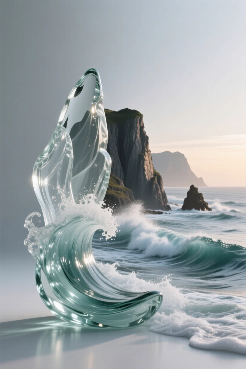 A coastline where cliffs meet crashing ocean waves, as the first light of dawn touches the peaks above