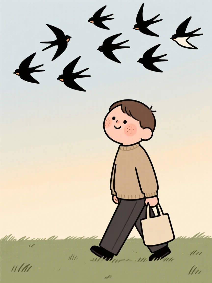 A tired commuter pauses mid-walk home to watch a flock of birds crossing the sky, a small smile crossing their face at the simple beauty of it.