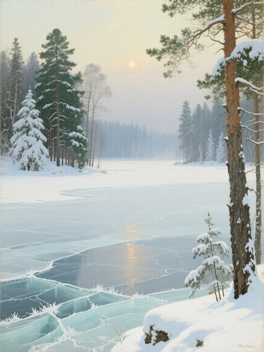 An expansive vista of a frozen lake surrounded by snow-laden pines, in the 1940s, in a light morning mist.