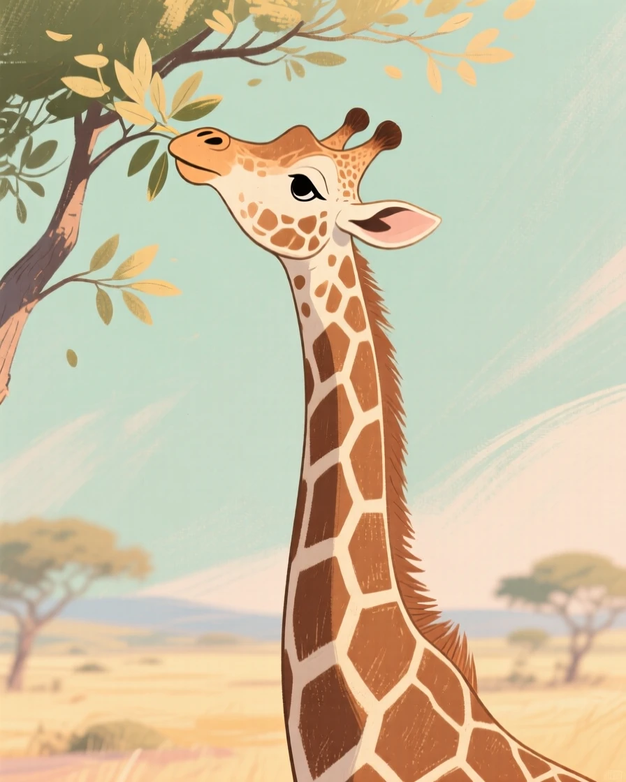 A gentle giraffe reaching for leaves atop an acacia tree