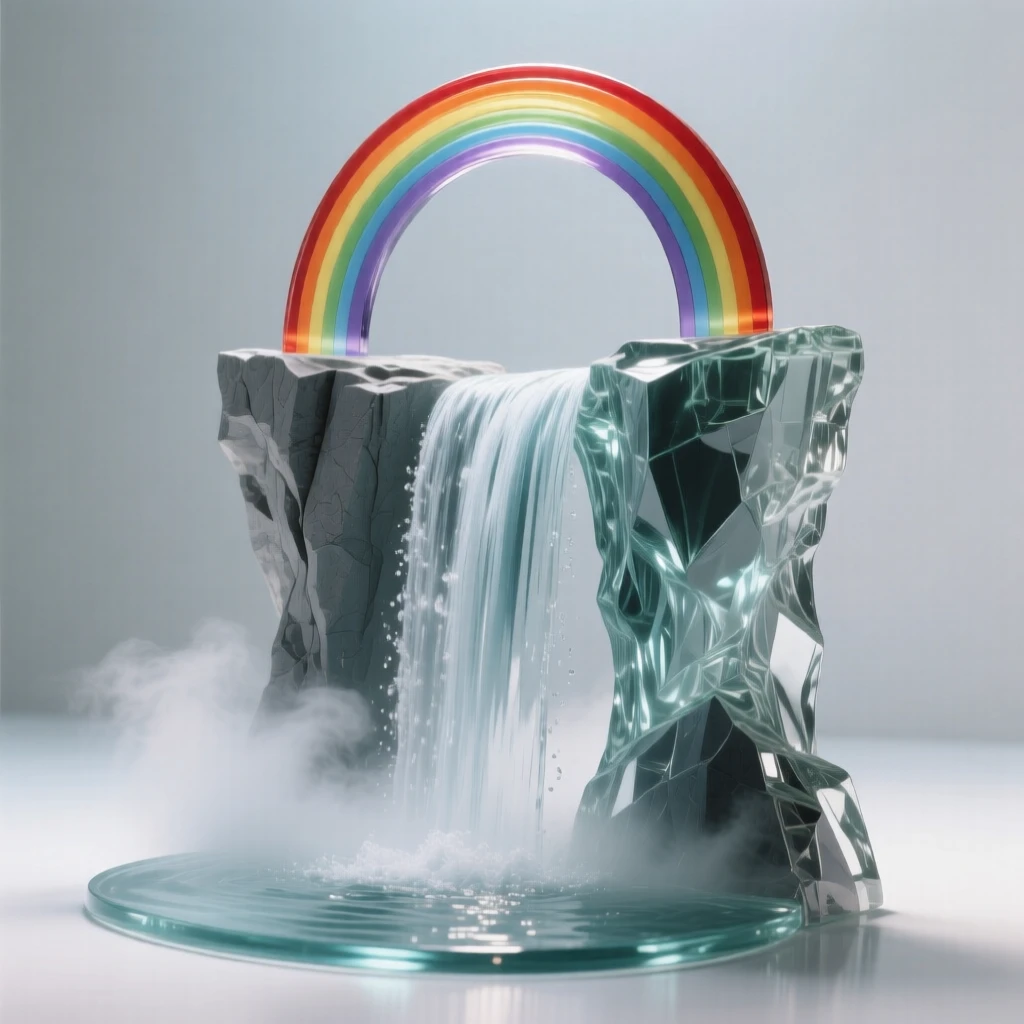 A waterfall cascading down a sheer cliff into a misty pool, with a distant rainbow arching across the sky