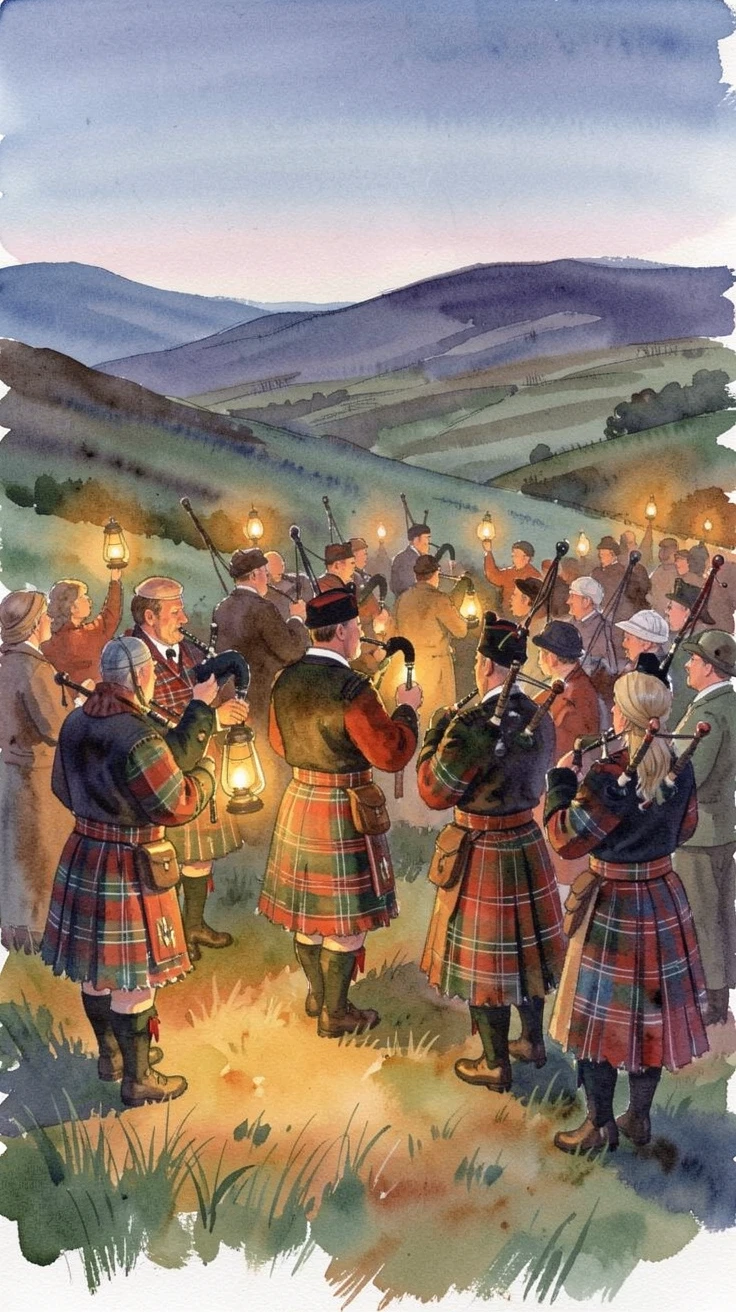 A Scottish highland gathering with bagpipes and tartan with warm lantern light glowing at dusk.