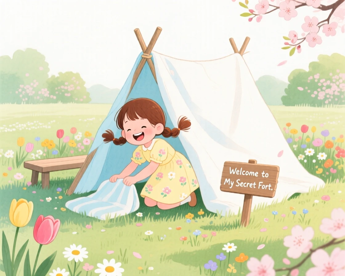 A girl with pigtails builds a small fort out of blankets in a blooming spring garden, laughter and joy filling the warm afternoon air