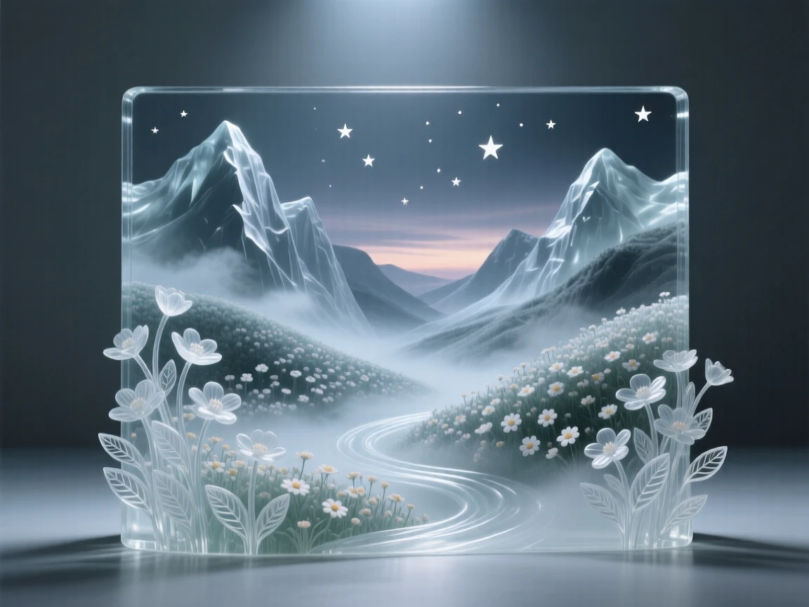 Beneath a blanket of stars just beginning to appear, a valley blanketed in wildflowers beneath distant peaks, while mist rises slowly from the valley below
