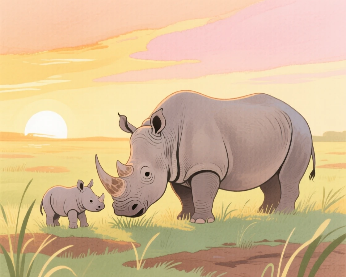 A vivid scene of a rhinoceros and her calf grazing at sunrise.