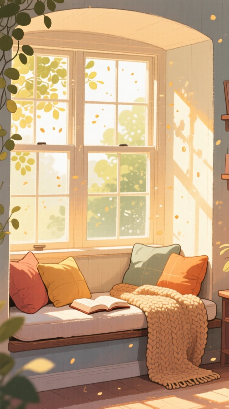 A reading nook tucked into a bay window with cushions and a warm knitted throw, with sunlight catching dust motes in the air, wrapped in a feeling of safety and belonging.