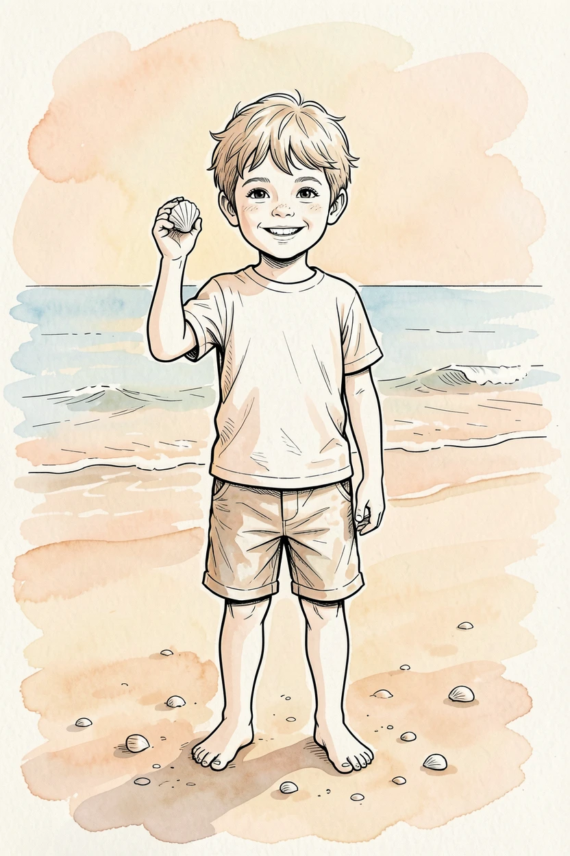 A little boy proudly showing off a seashell he found on the beach, soft natural light framing the scene with quiet warmth.