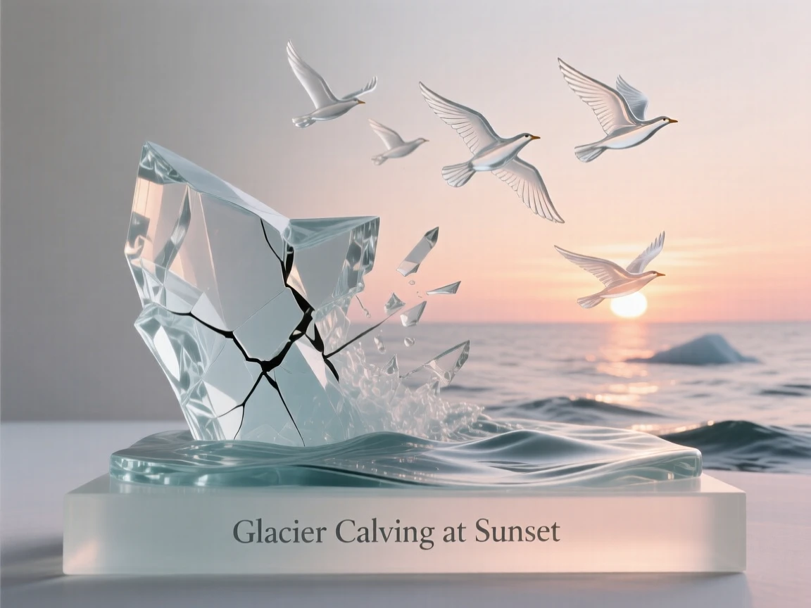 Beneath the soft glow of a setting sun, a glacier calving into the sea in a rush of white spray, while a flock of birds crosses the open sky