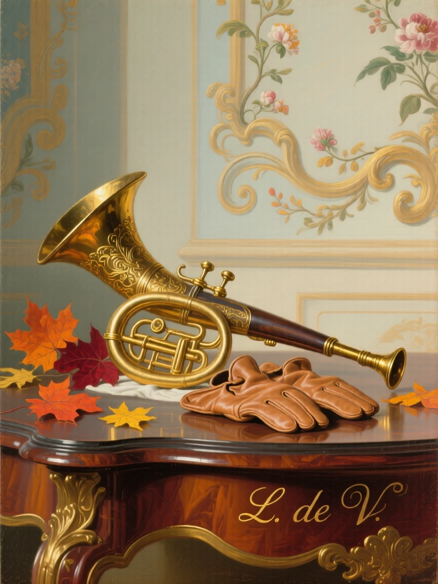 A hunting horn, riding gloves, and autumn leaves on a polished table  