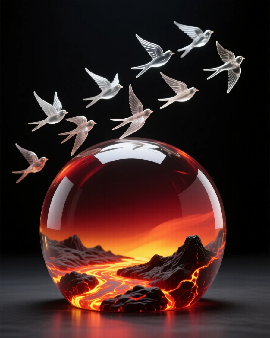 A lava field glowing faintly in the darkness while a flock of birds crosses the open sky