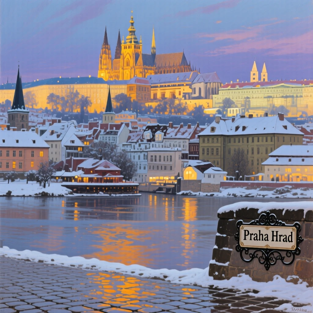 A snow-dusted Prague skyline with its historic castle glowing at twilight, as reflections shimmer across nearby water or wet pavement, capturing the timeless beauty and character of a legendary destination