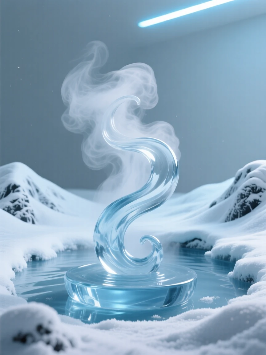 A hot spring steaming gently in a snow-covered landscape with snow beginning to dust the surrounding ridgeline, while the wind carries the scent of rain across the plain