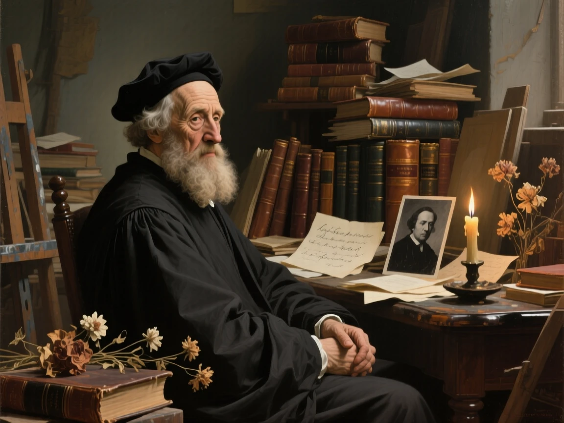 An elderly scholar surrounded by leather-bound books and candlelight turning slightly toward a soft, unseen light, set in an artist's cluttered studio strewn with canvases, surrounded by scattered letters, a faded photograph, and dried flowers; a tight three-quarter portrait draws focus entirely to the expression, suggesting a private world just glimpsed by the viewer.