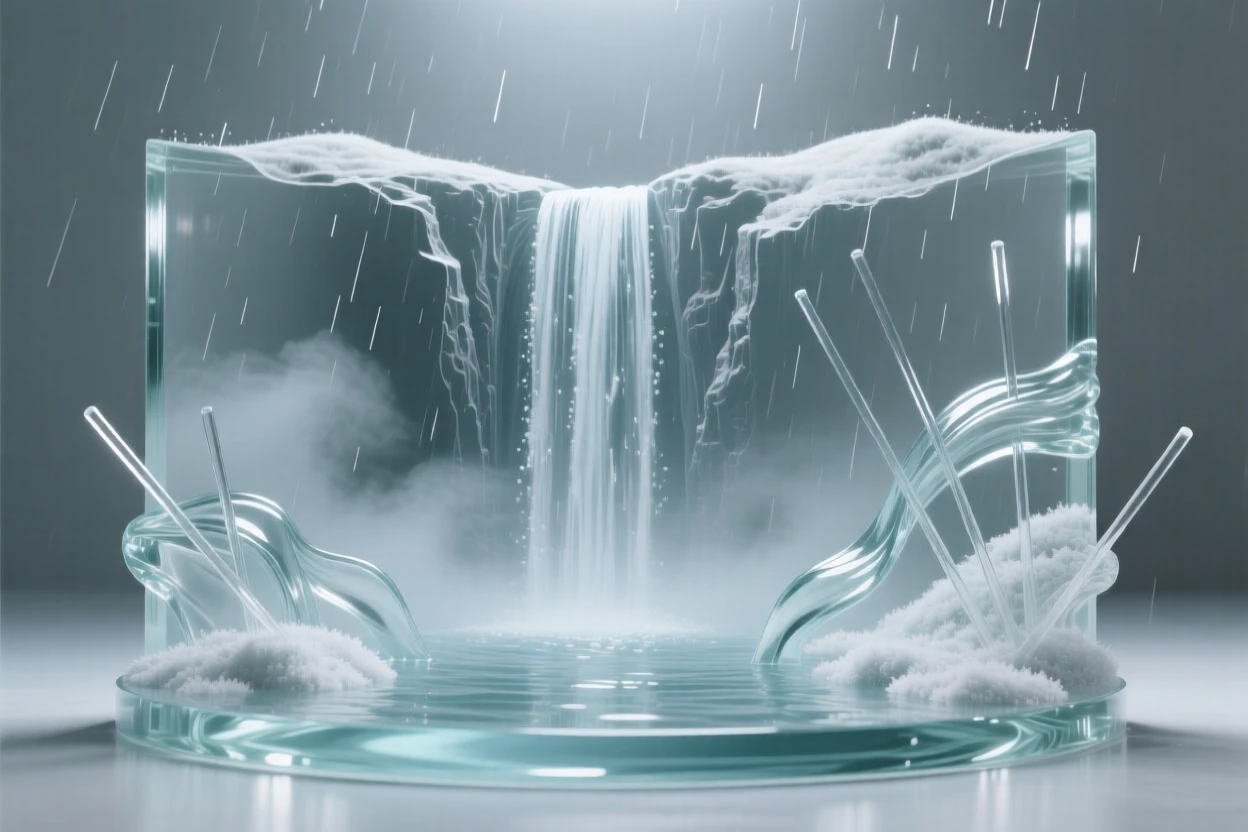 As a gentle rain moves slowly across the landscape, a waterfall cascading down a sheer cliff into a misty pool