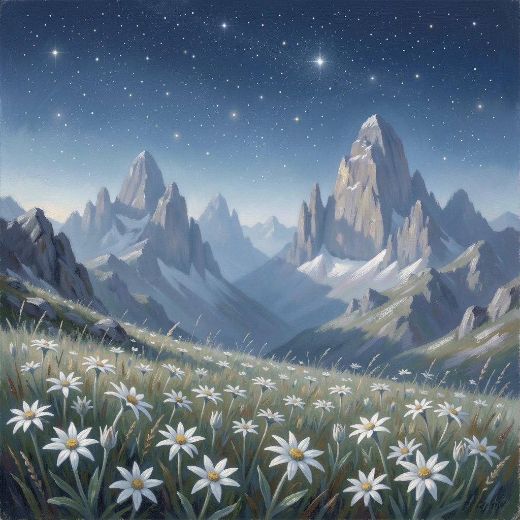 A high mountain plateau covered in wild edelweiss, jagged peaks rising sharply behind, under a canopy of stars, capturing a moment of quiet intimacy.
