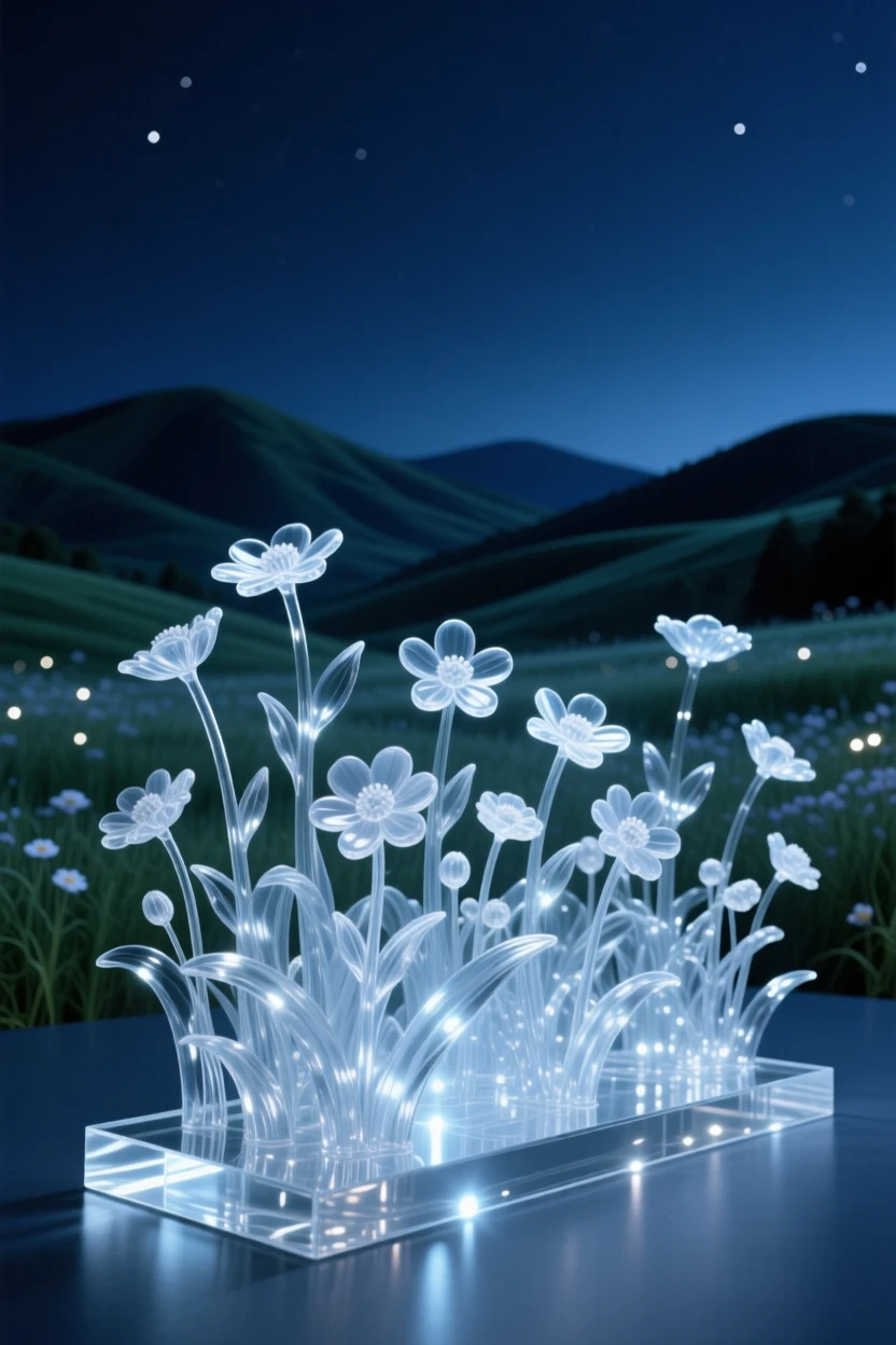 A meadow of wildflowers stretching toward distant hills, beneath a blanket of stars just beginning to appear