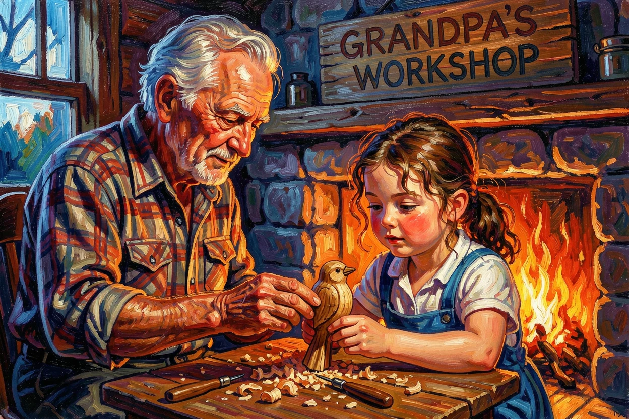 A grandfather teaching his granddaughter to whittle a small wooden bird by the fire.