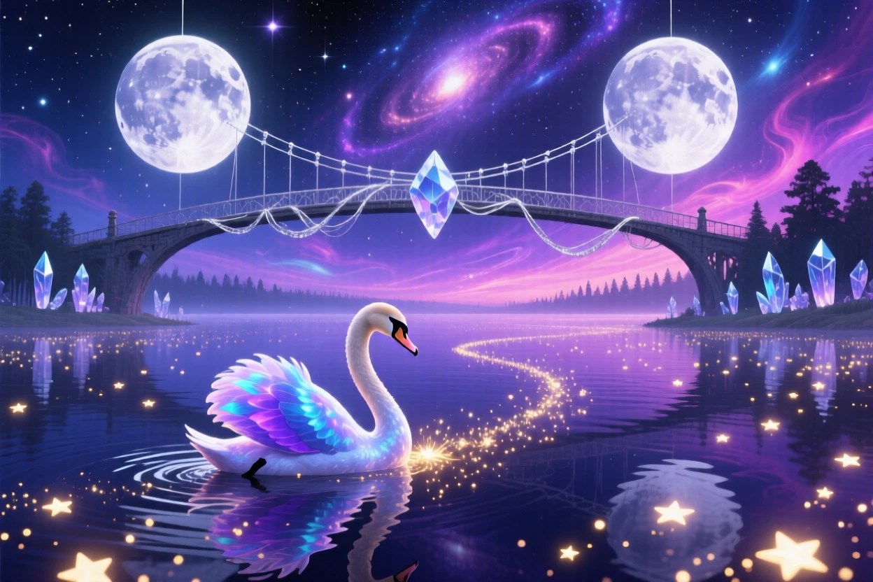 A swan gliding across a lake made entirely of stars walks across a bridge suspended between two moons, while tiny sparks of light trail behind its every step.