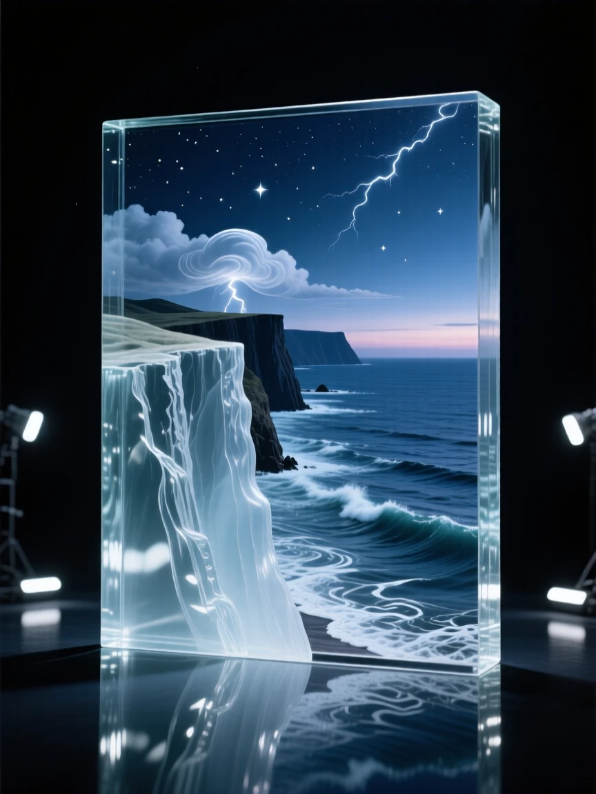 Beneath a blanket of stars just beginning to appear, a cliffside overlooking an endless expanse of ocean, while distant thunder rolls beyond the far ridge