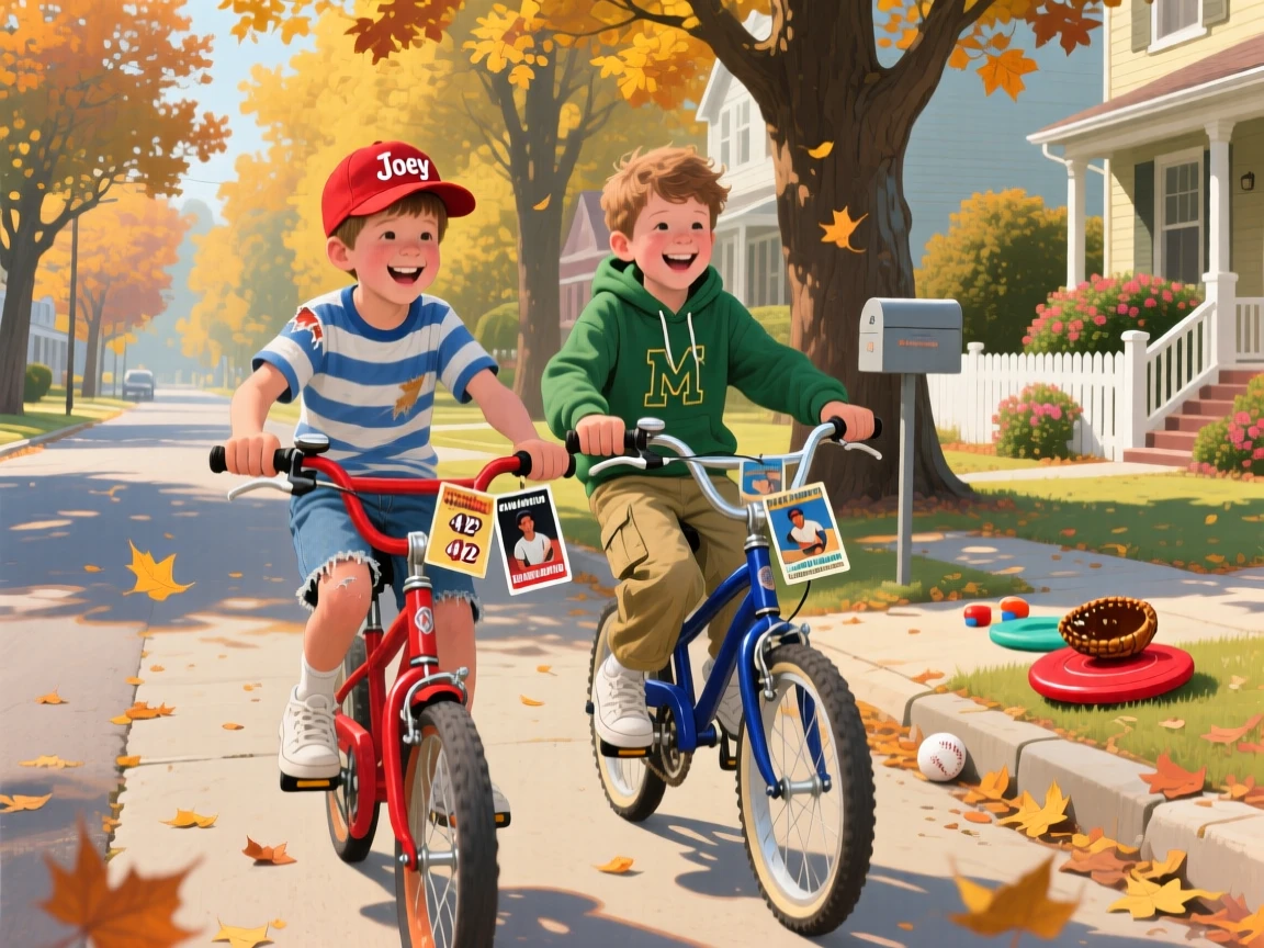 Childhood best friends ride bikes side by side down a tree-lined street, baseball cards clipped to their spokes clicking rhythmically, small personal details in their clothing and surroundings hinting at their story.