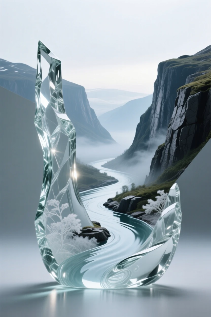 A fjord winding between towering cliffs of stone while mist rises slowly from the valley below