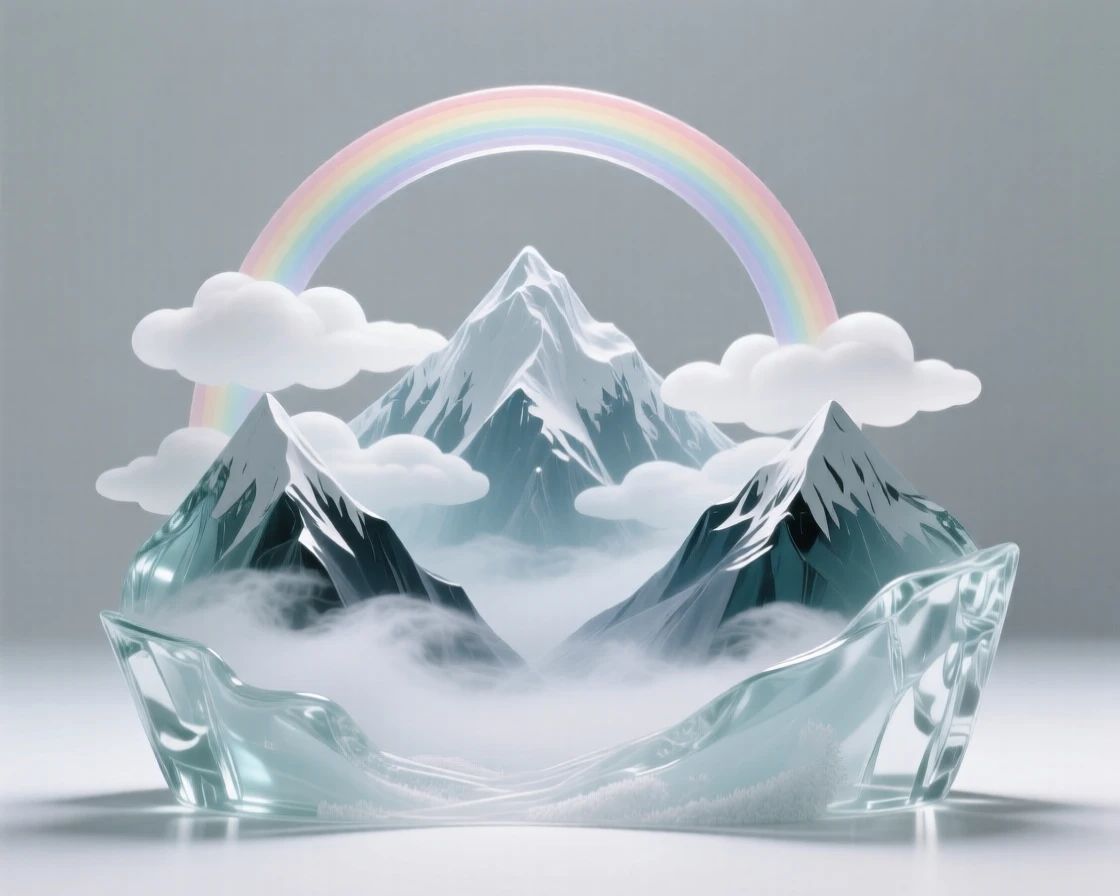 A range of snow-capped mountains rising above rolling clouds with a distant rainbow arching across the sky, while mist rises slowly from the valley below