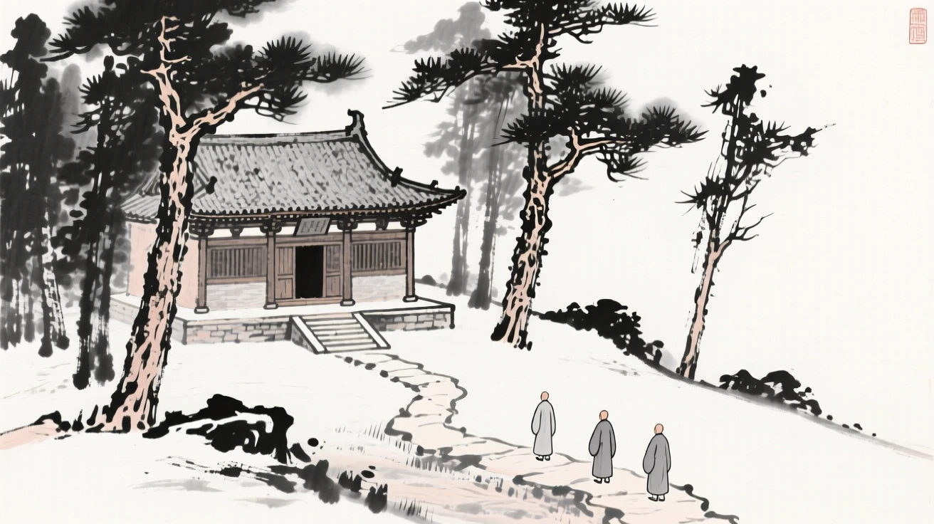 A weathered temple sits nestled among pine trees on a mountain slope, with monks' footsteps echoing along a stone path.