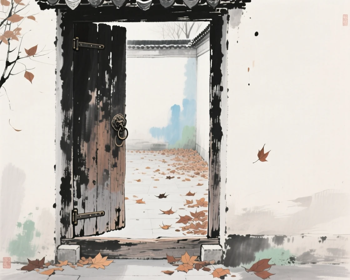 An old wooden door left ajar onto a courtyard of fallen leaves, in the mild days of early winter.