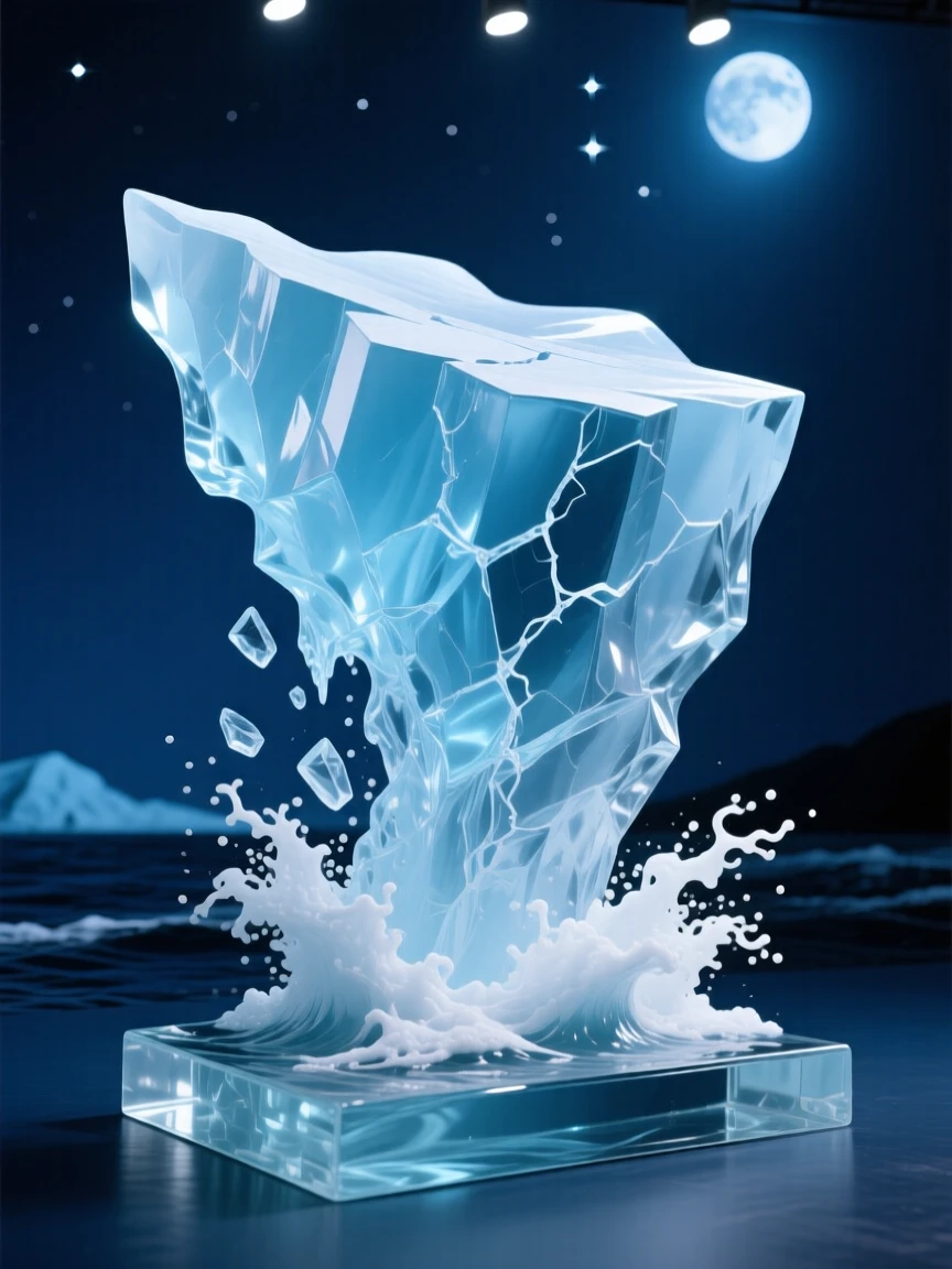 A glacier calving into the sea in a rush of white spray beneath a blanket of stars just beginning to appear