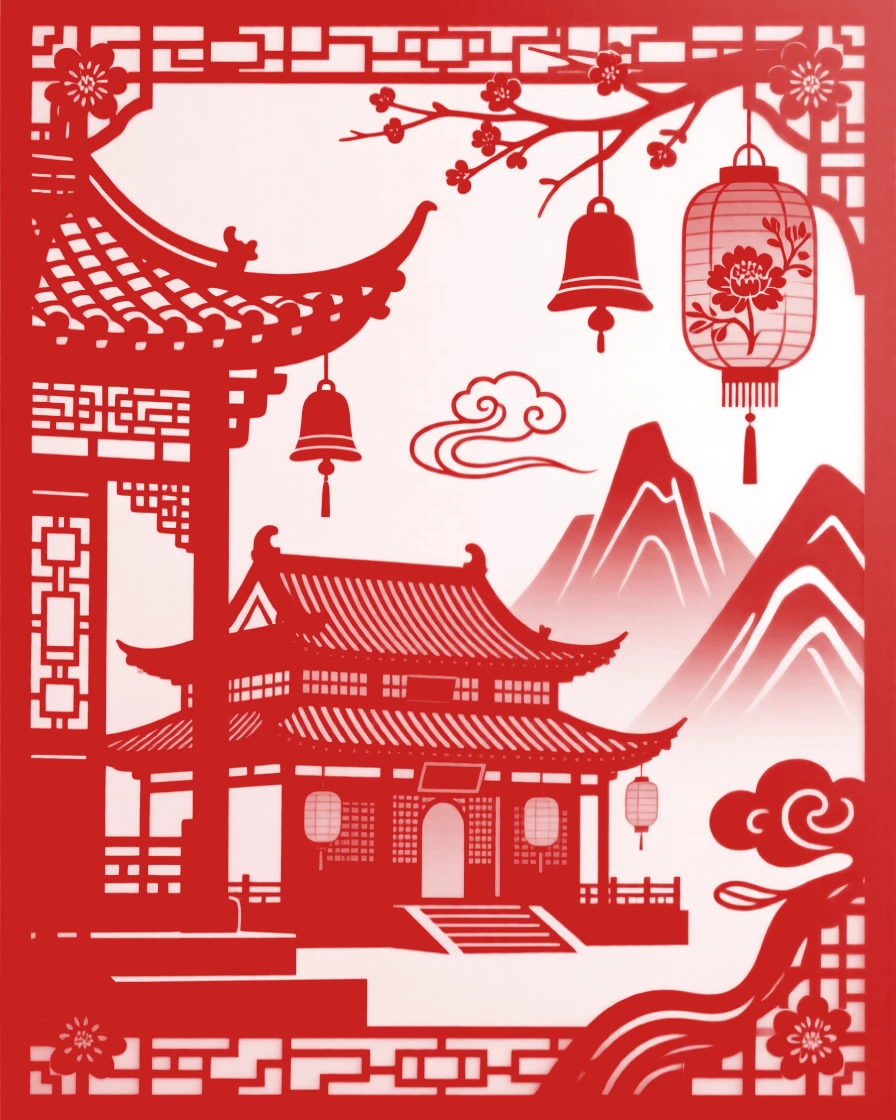 A mountain monastery, as lanterns are lit for the coming night, its rooftop bells chiming softly in the breeze.